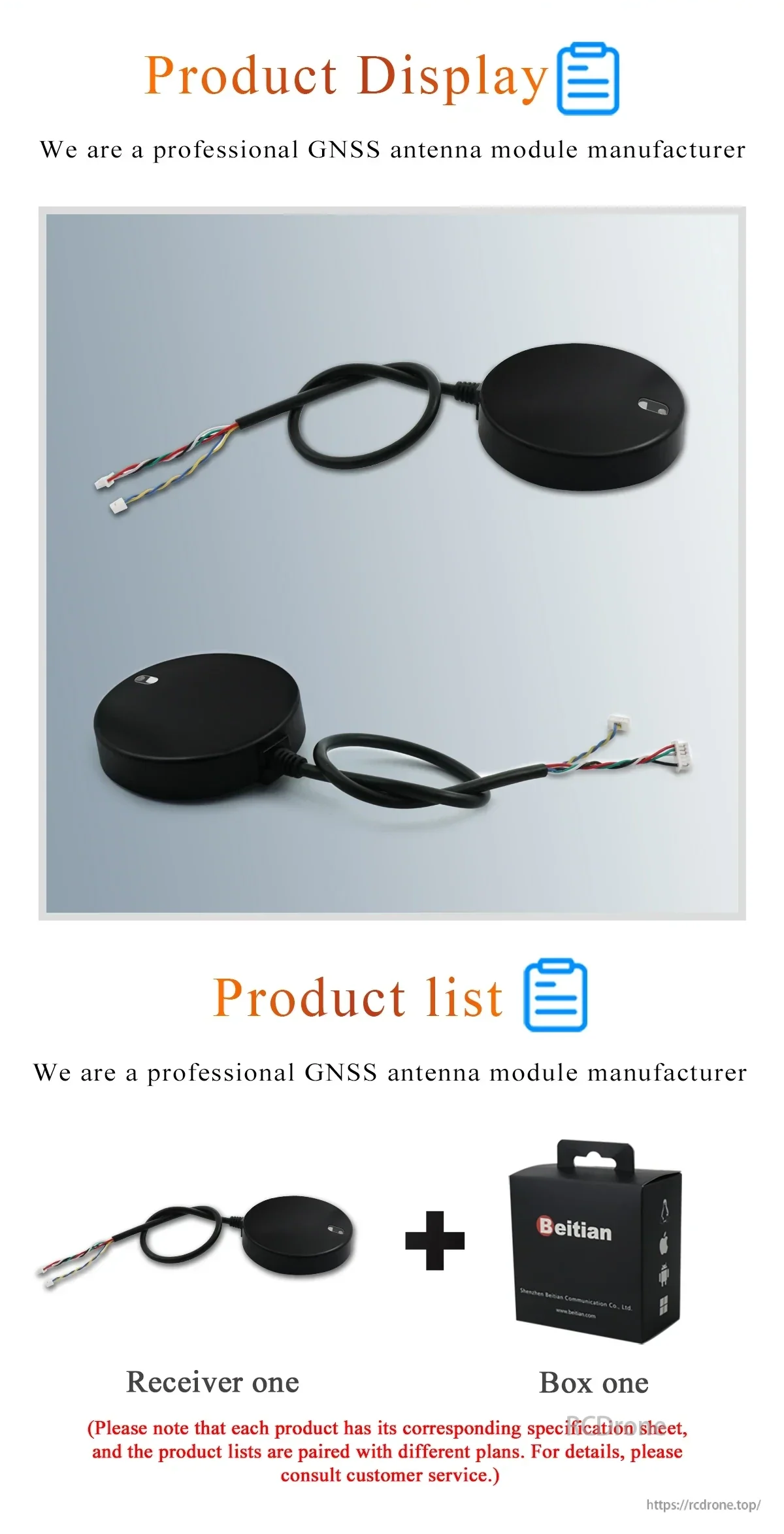Beitian BE-610i GNSS receiver module product display with cable leads and package contents (receiver + box)