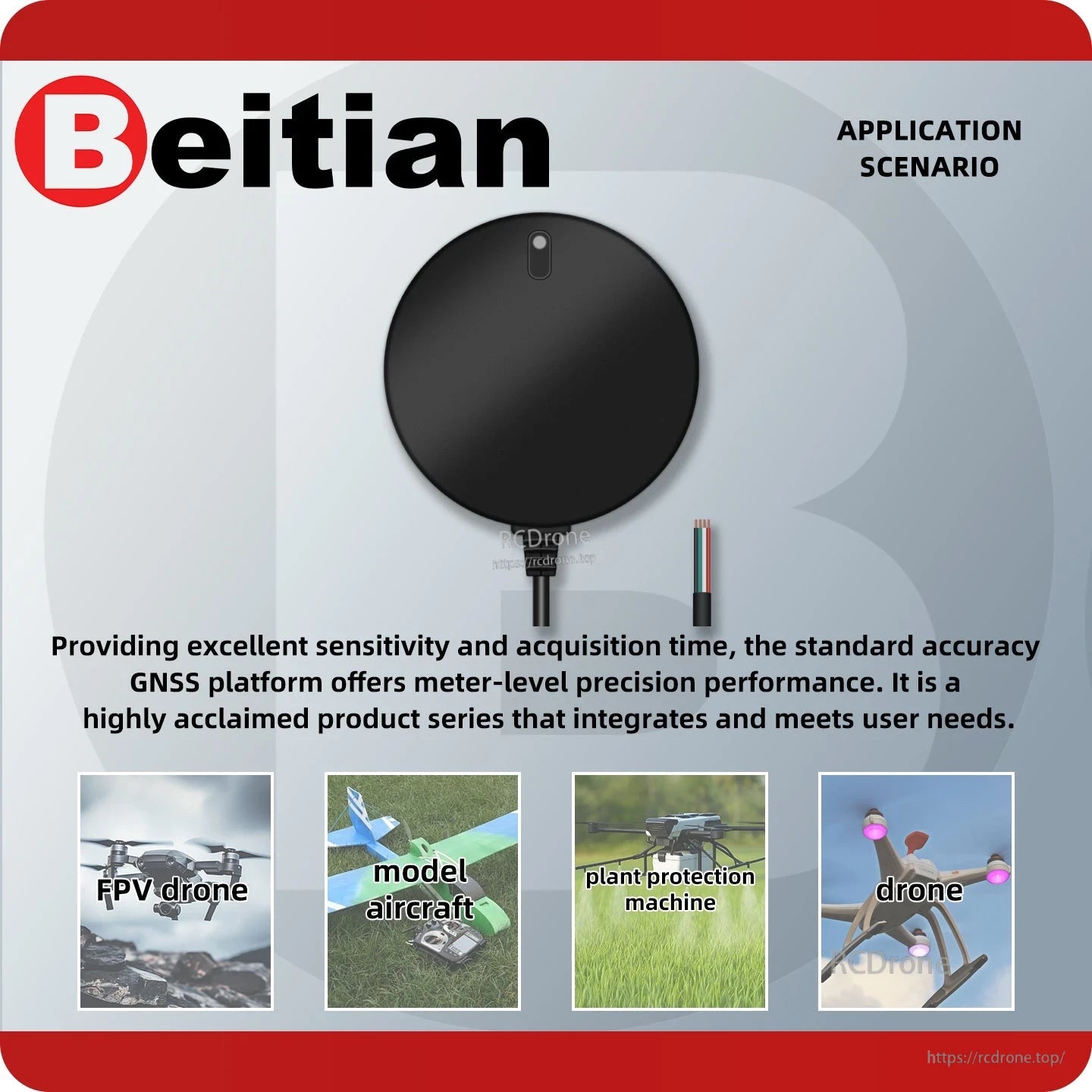 Application scenario graphic for Beitian GNSS receiver with FPV drone, model aircraft and other use icons