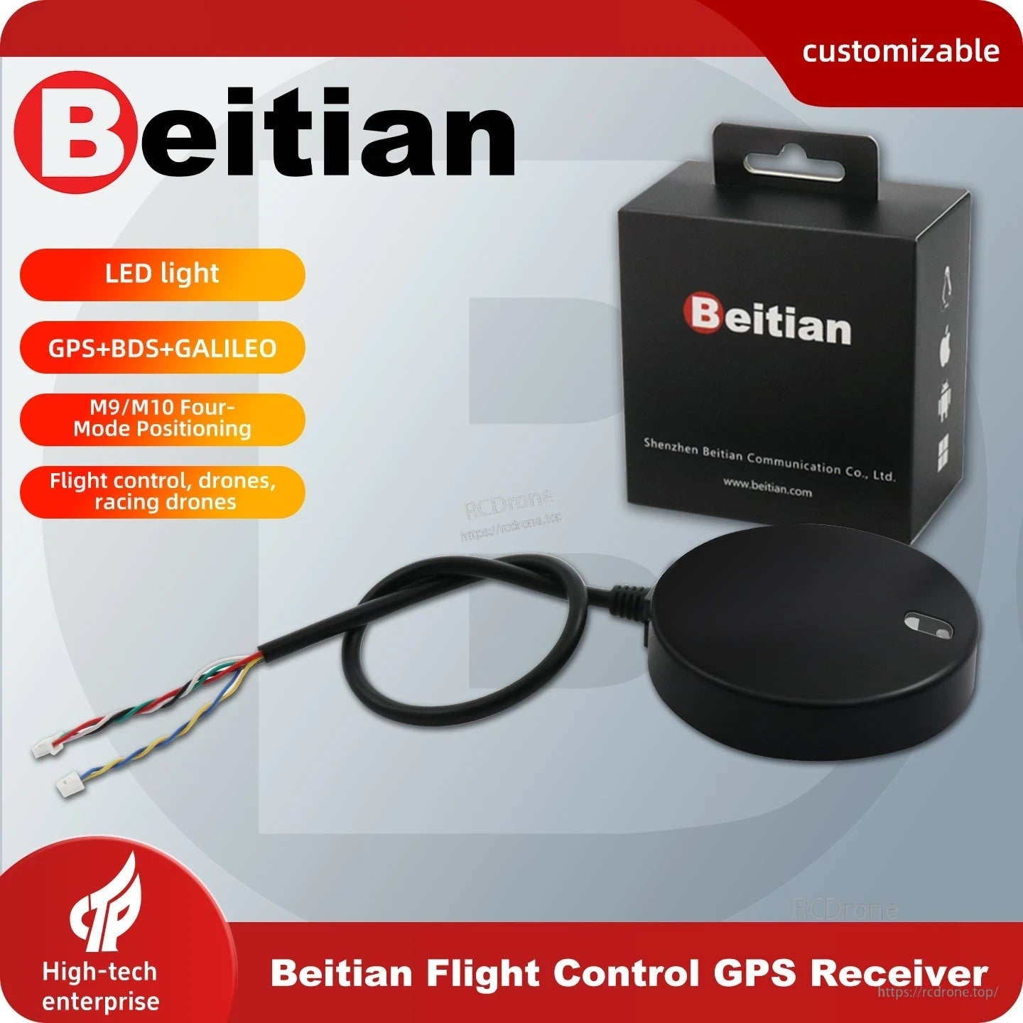 Beitian BE-610i flight control GNSS receiver promo graphic with GPS+BDS+Galileo and LED light callouts