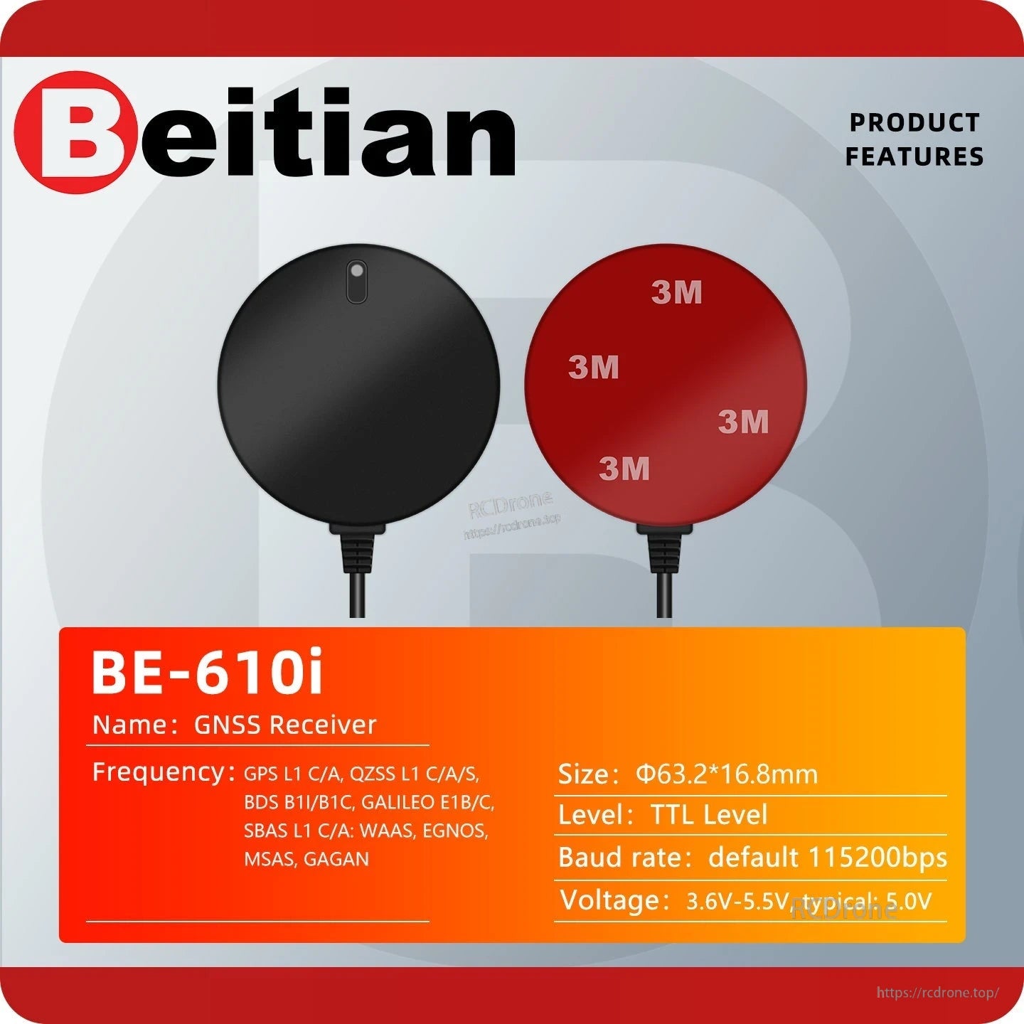 BE-610i product features card showing size, supported signals, TTL level, baud rate and voltage