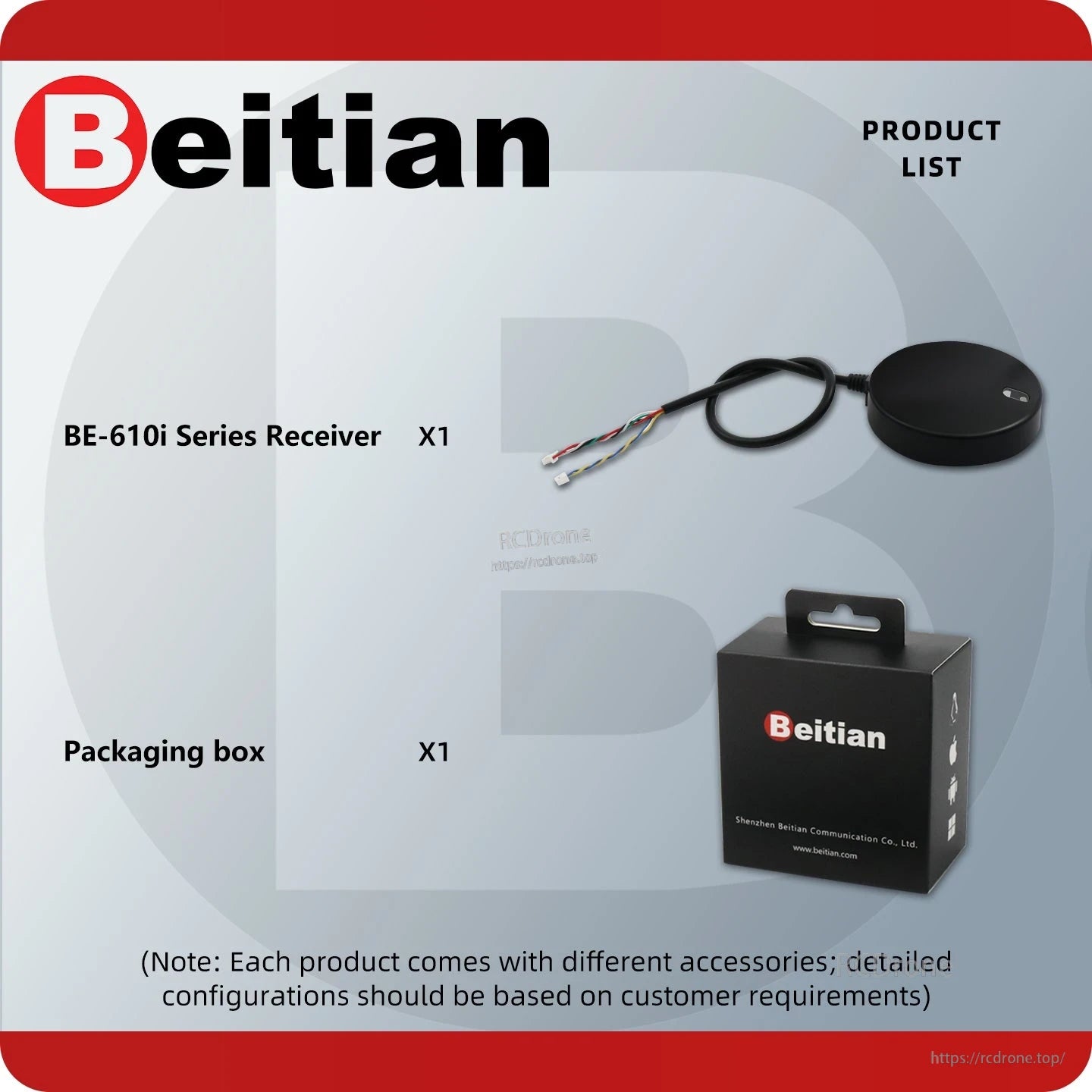 Package contents list showing BE-610i series receiver puck and Beitian packaging box (x1 each)