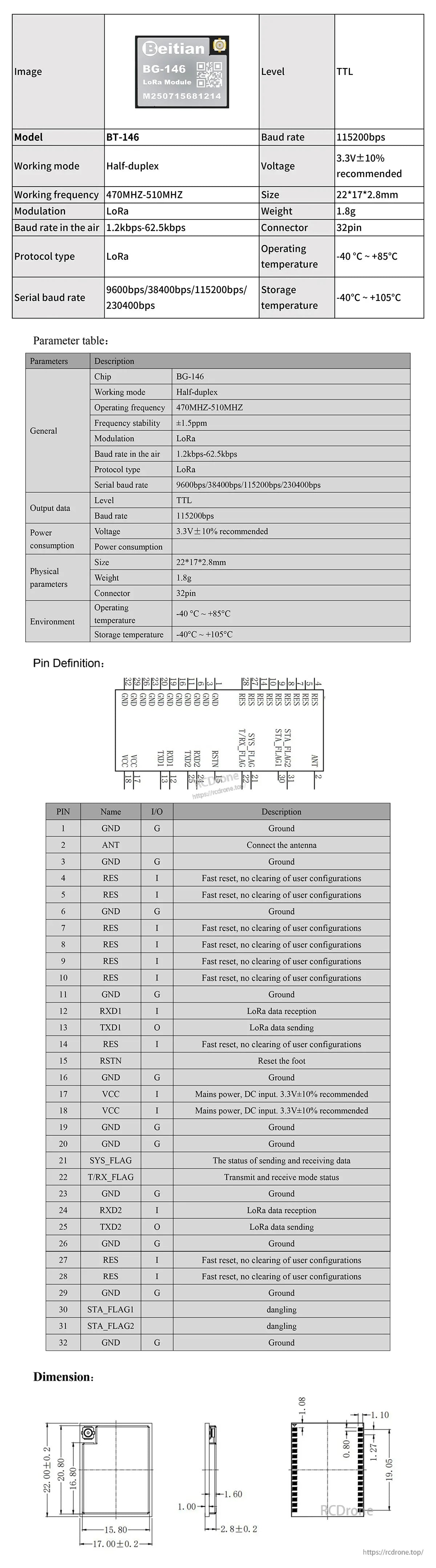 Beitian BG-146 (BT-146) LoRa DTU module datasheet page with specs table, 32‑pin pinout and dimensions