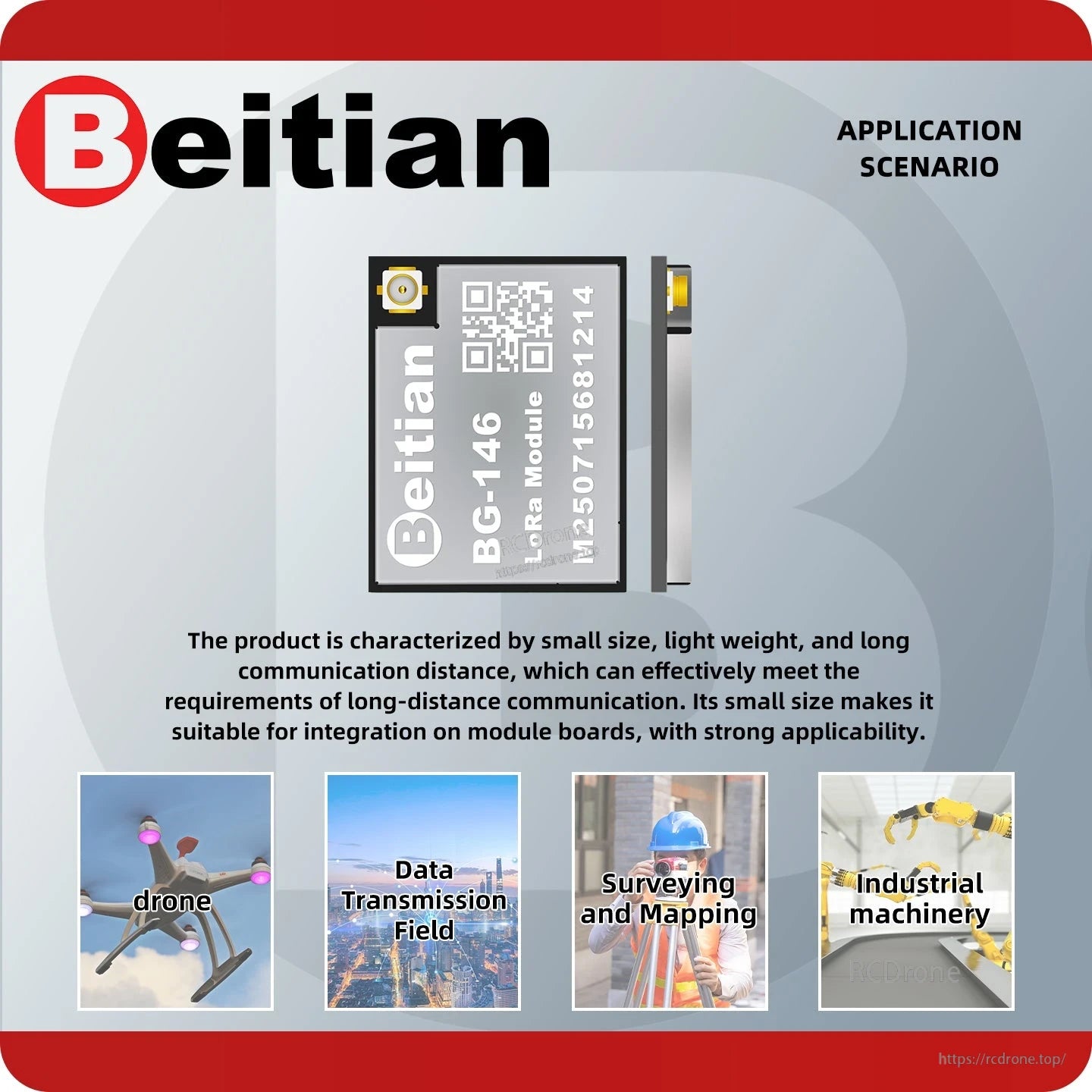 Application scenario graphic for BG-146 module with icons: drone, data transmission field, surveying, industrial machinery