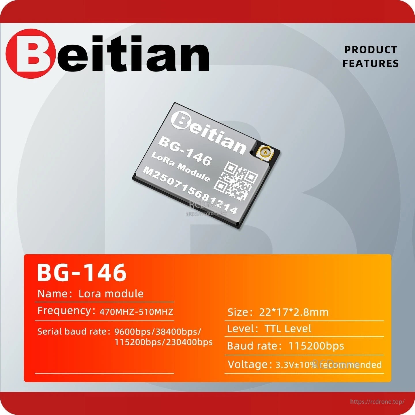 BG-146 LoRa module product features chart with size, TTL level, baud rate options, and recommended voltage