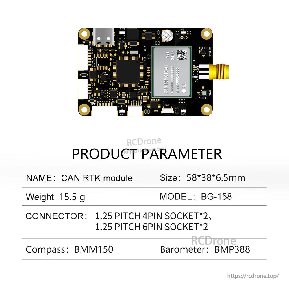 Product parameter table showing size 58×38×6.5 mm, weight 15.5 g, connectors, BMM150, BMP388