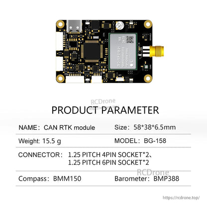 Product parameter table showing size 58×38×6.5 mm, weight 15.5 g, connectors, BMM150, BMP388