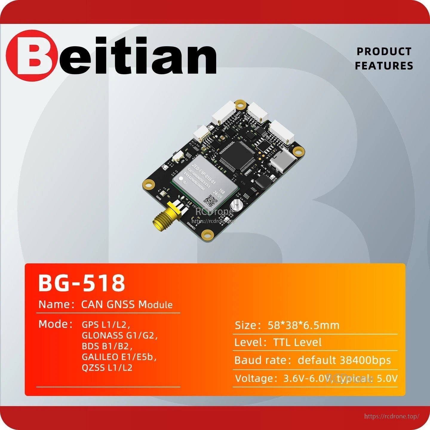 BG-518 product features card with module photo and listed specs like size, voltage, and baud rate