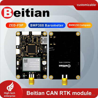 Beitian BG-518 CAN RTK module graphic highlighting ZED-F9P, BMP388 barometer, and BMM150 compass