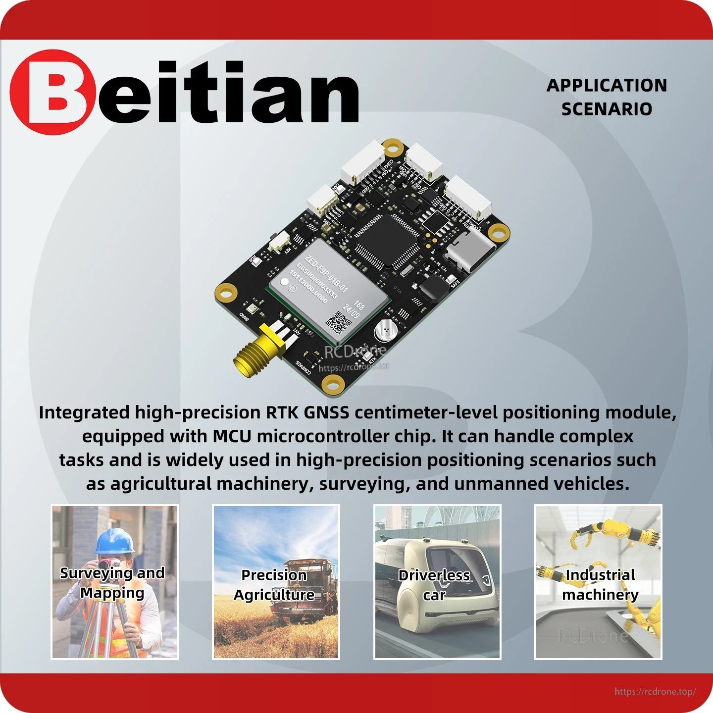 Application scenario graphic for RTK GNSS module: surveying, precision agriculture, driverless, machinery