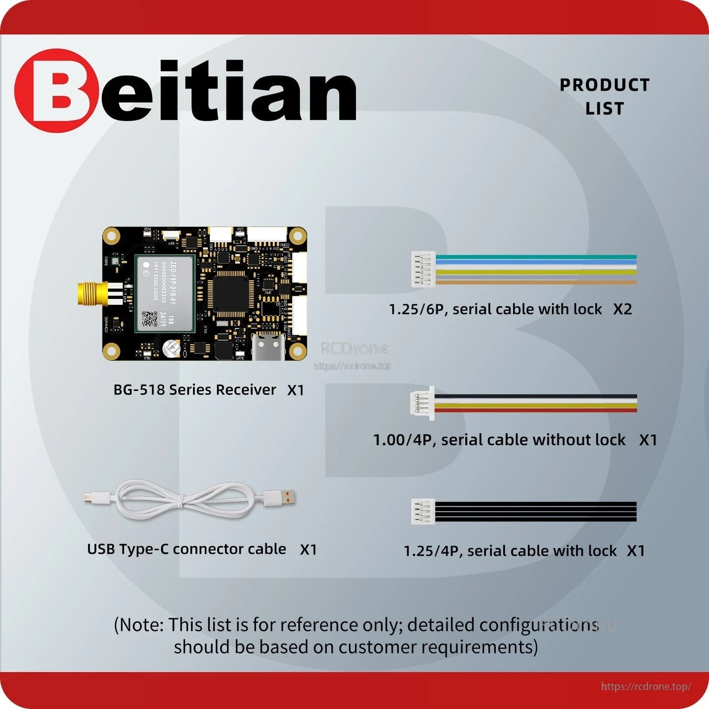 Package contents list: BG-518 receiver board, USB Type‑C cable, and serial cables with/without lock
