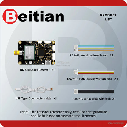 Package contents list: BG-518 receiver board, USB Type‑C cable, and serial cables with/without lock