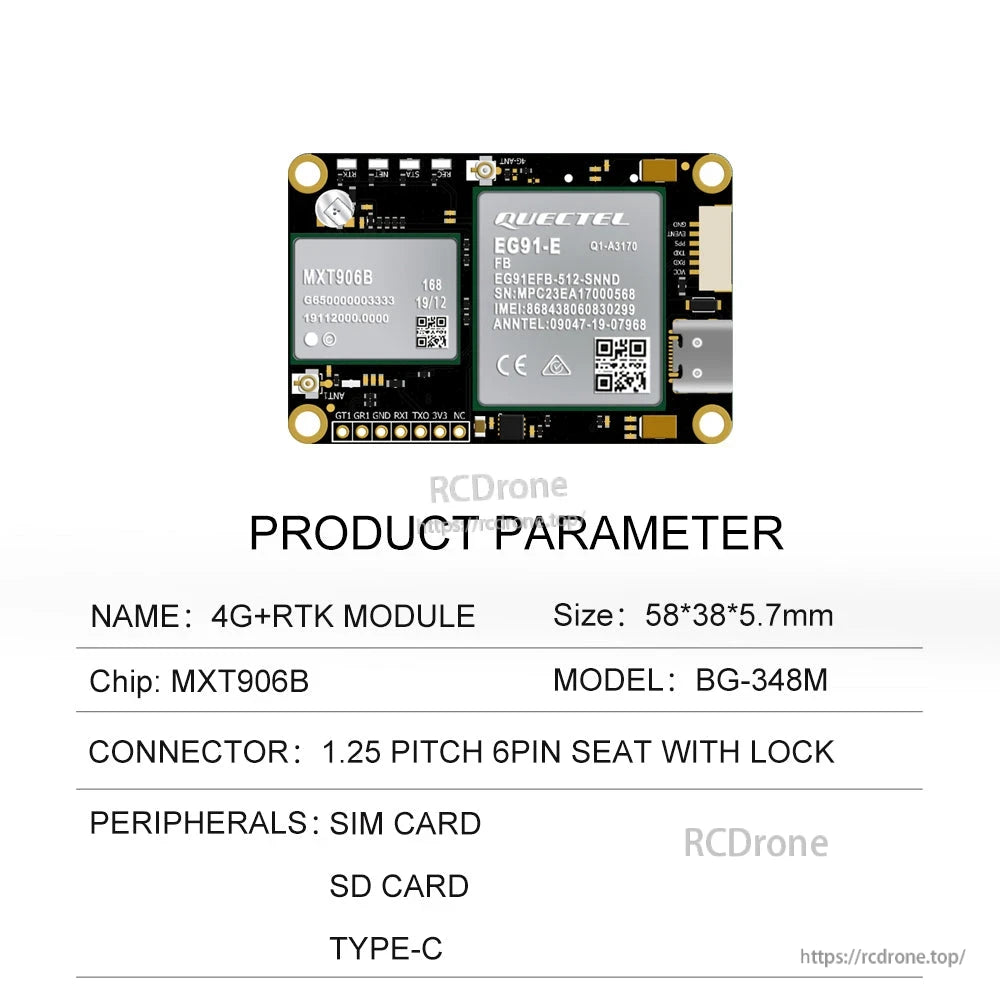 BG-348M product parameter table: MXT906B chip, 58×38×5.7 mm, SIM and SD card, Type-C