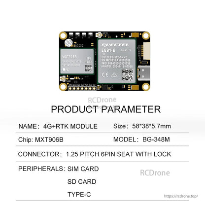 BG-348M product parameter table: MXT906B chip, 58×38×5.7 mm, SIM and SD card, Type-C