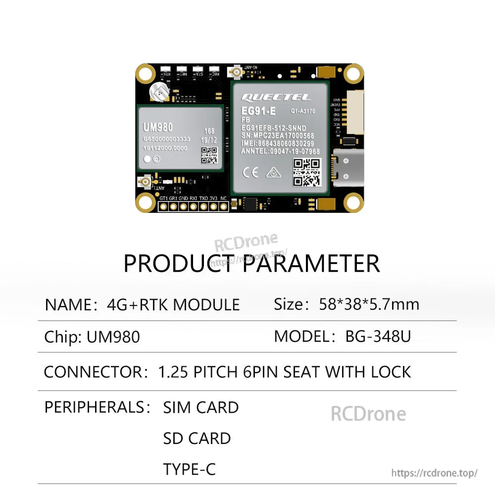 BG-348U product parameter table: UM980 chip, 58×38×5.7 mm, SIM/SD peripherals, Type-C