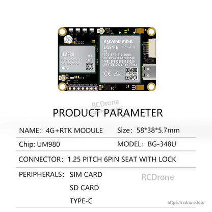 BG-348U product parameter table: UM980 chip, 58×38×5.7 mm, SIM/SD peripherals, Type-C
