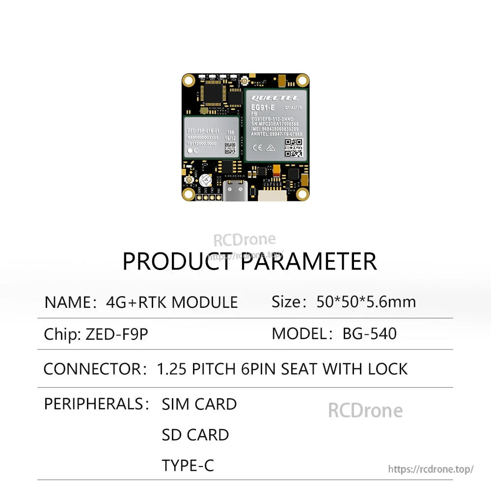 BG-540 product parameter table: ZED-F9P chip, 50×50×5.6 mm, SIM/SD peripherals, Type-C
