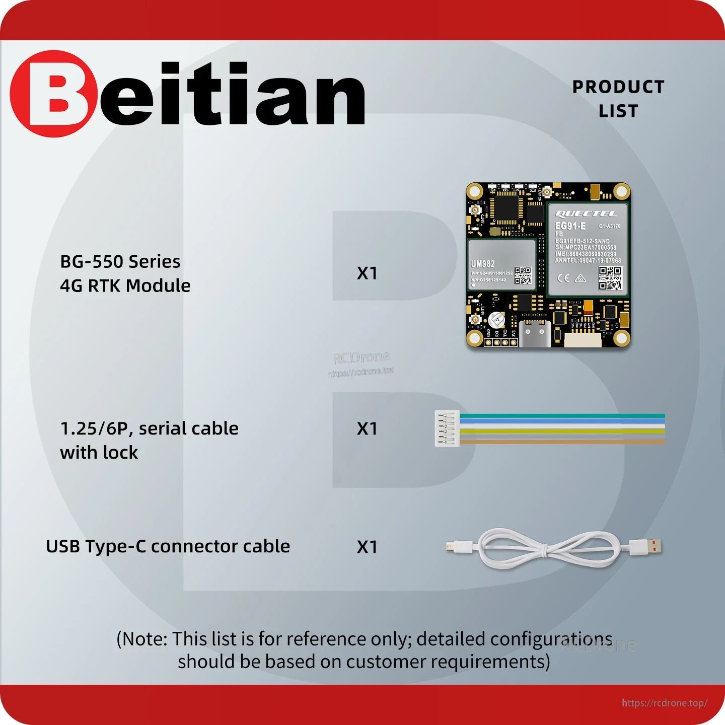 BG-550 series product list graphic showing module, 6-pin serial cable with lock, and USB Type-C cable