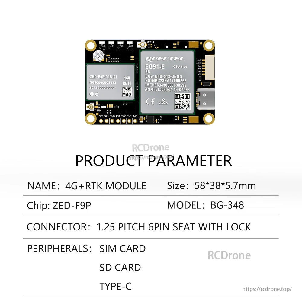 BG-348 product parameter table: ZED-F9P chip, 58×38×5.7 mm, 6-pin lock connector, Type-C