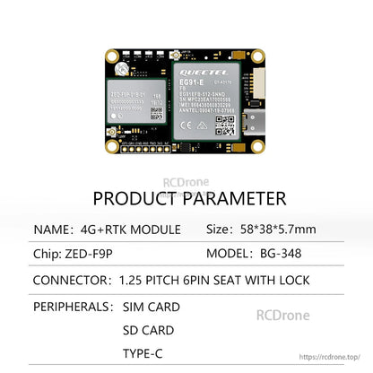 BG-348 product parameter table: ZED-F9P chip, 58×38×5.7 mm, 6-pin lock connector, Type-C