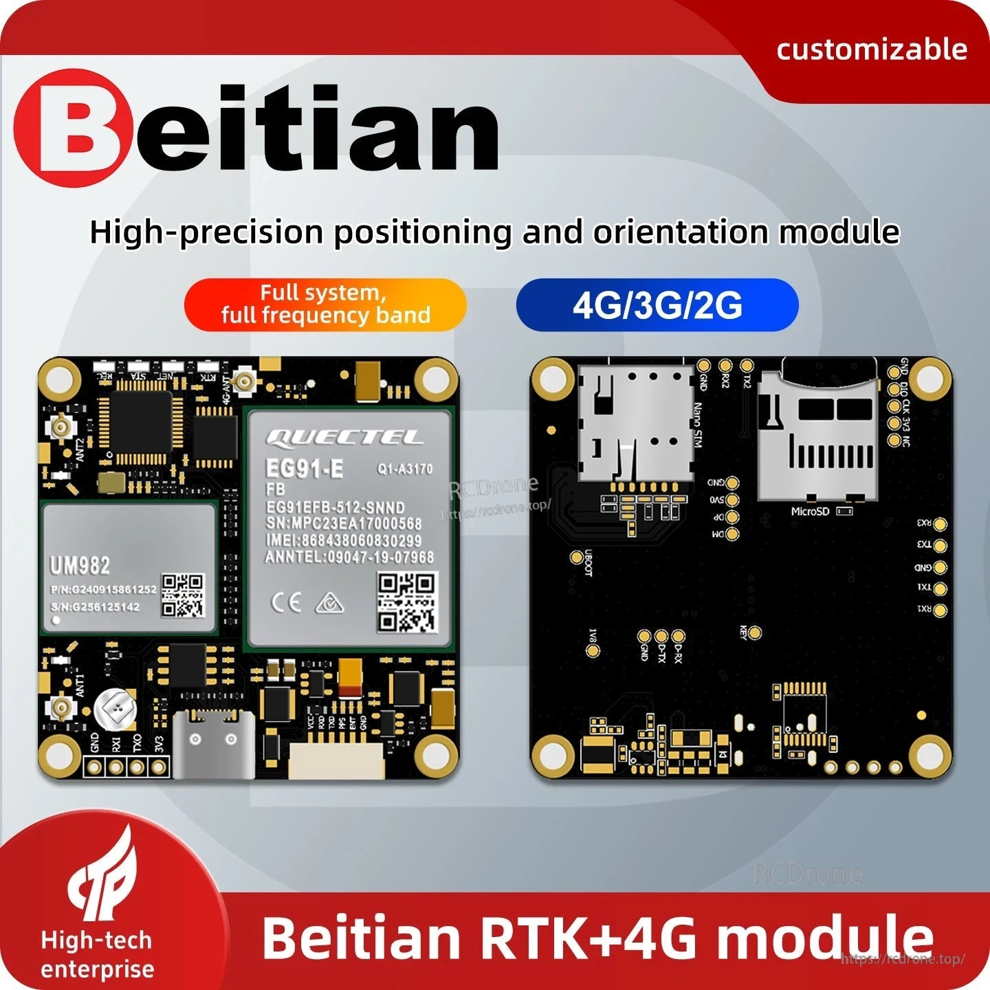 Beitian RTK+4G module promo graphic showing board front/back and 4G/3G/2G network text