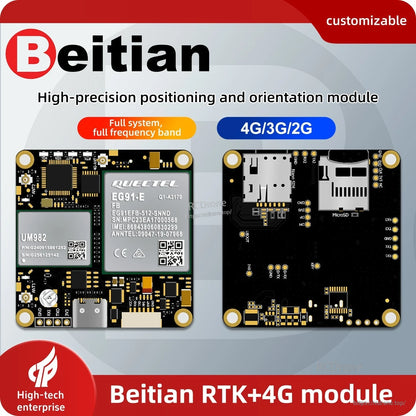 Beitian RTK+4G module promo graphic showing board front/back and 4G/3G/2G network text