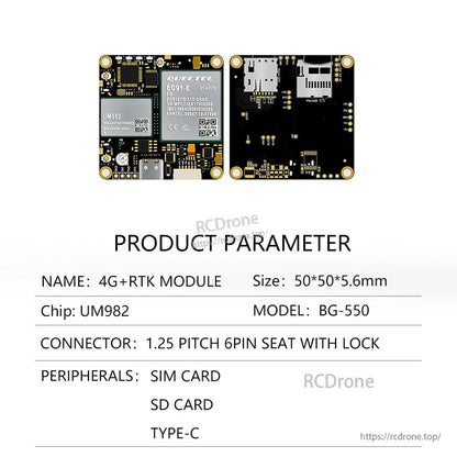BG-550 product parameter table: UM982 chip, 50×50×5.6 mm, SIM card, SD card, Type-C