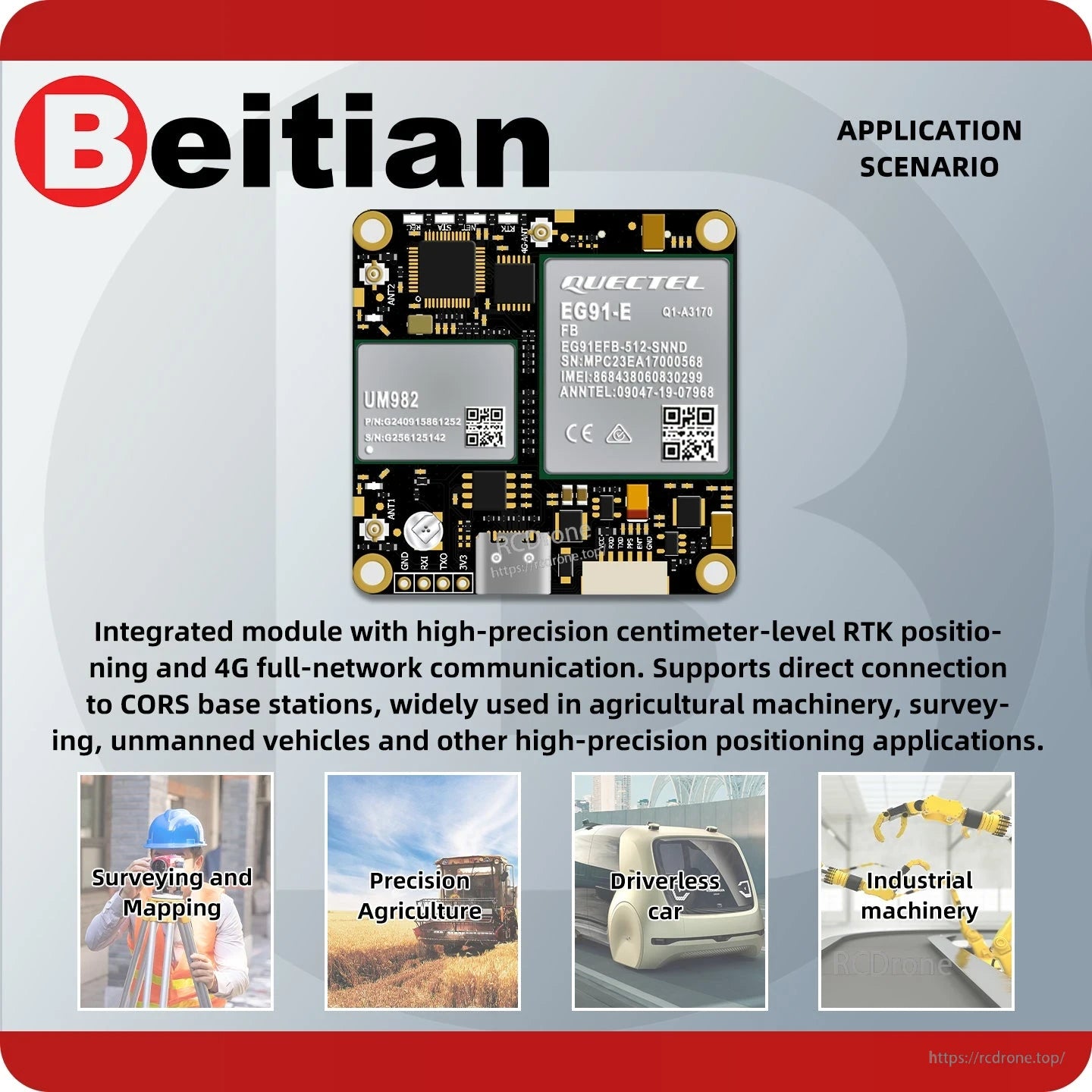 Application scenario graphic for Beitian BG-550 RTK+4G module: surveying, agriculture, driverless, machinery