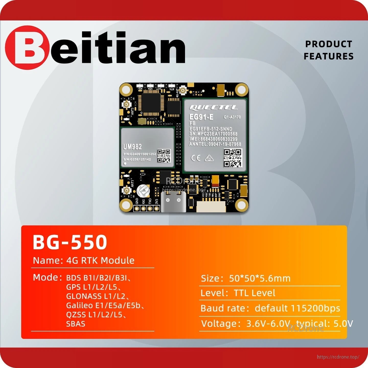 Beitian BG-550 product features graphic listing size 50×50×5.6 mm and supported GNSS bands