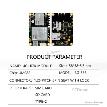 BG-358 product parameter table: UM982 chip, 58×38×5.6 mm, SIM and SD card slots, Type-C
