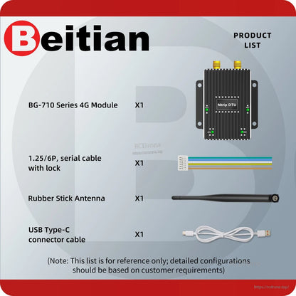 BG-710 product list showing module, serial cable with lock, rubber stick antenna, and USB Type-C cable