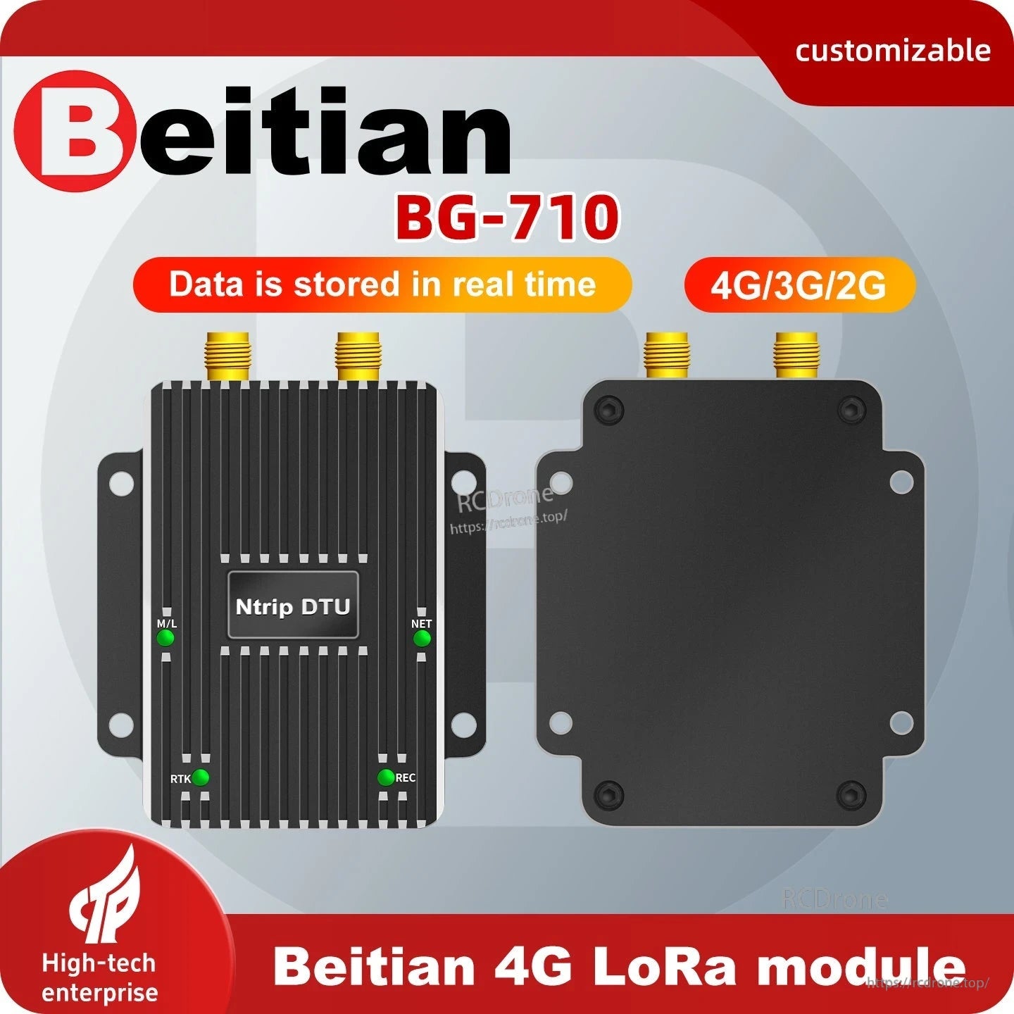 Beitian BG-710 promotional graphic showing 4G/3G/2G full-network and real-time data storage text