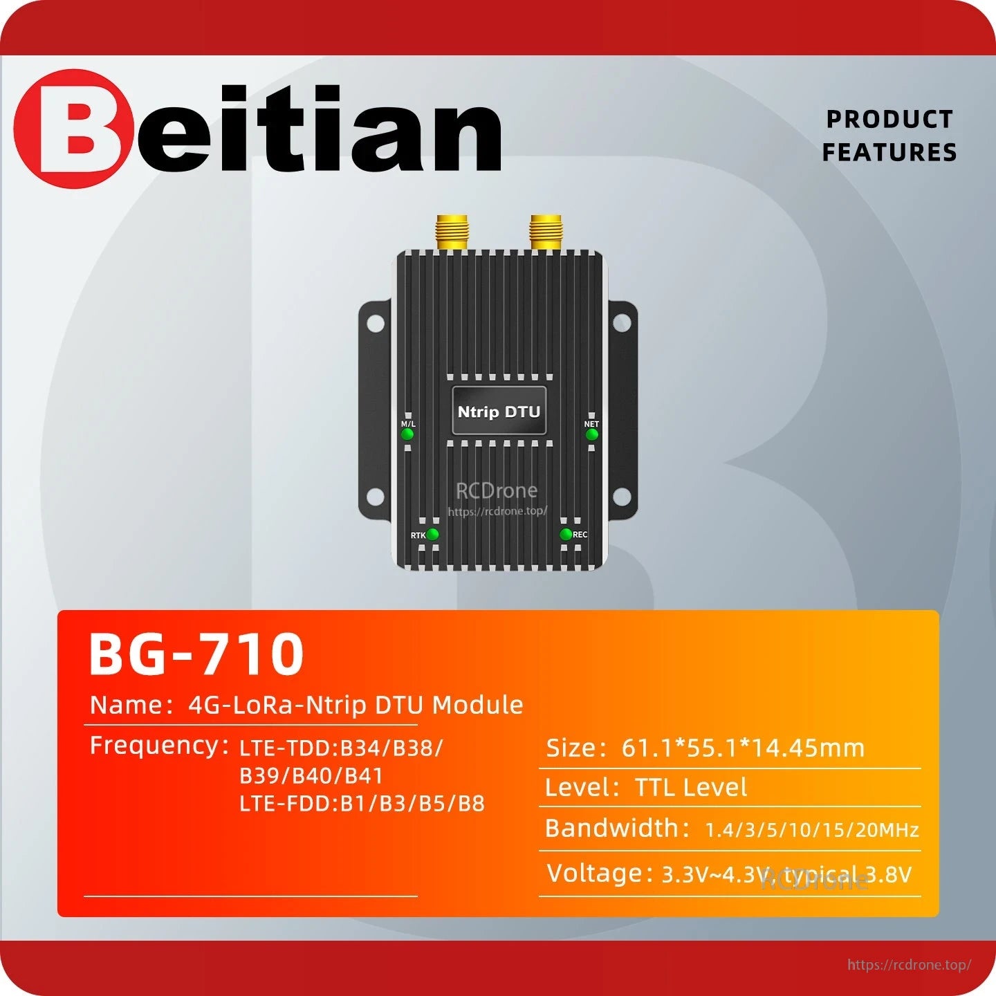 BG-710 product features spec sheet graphic with module image and listed size, voltage, and LTE bands