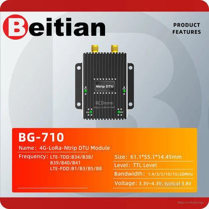 BG-710 product features spec sheet graphic with module image and listed size, voltage, and LTE bands