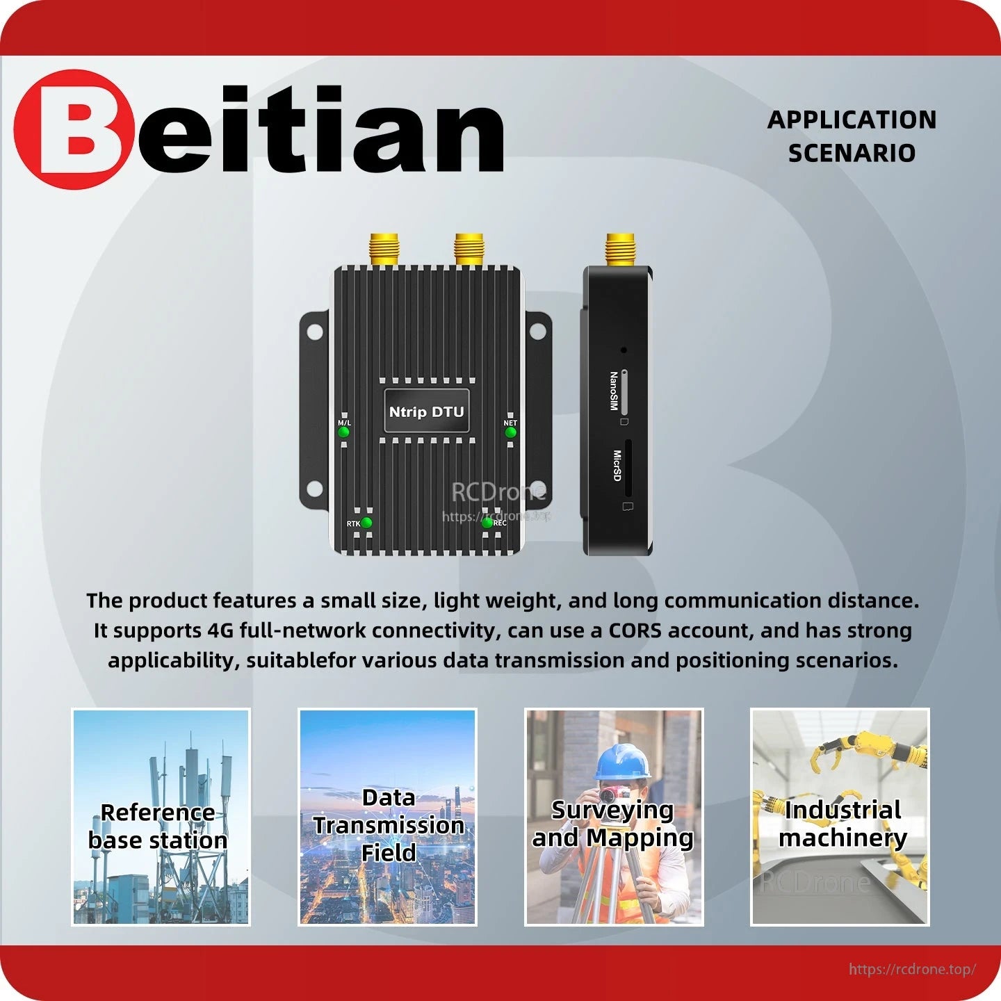 Application scenario graphic for BG-710 Ntrip DTU module showing surveying, base station, and industry use