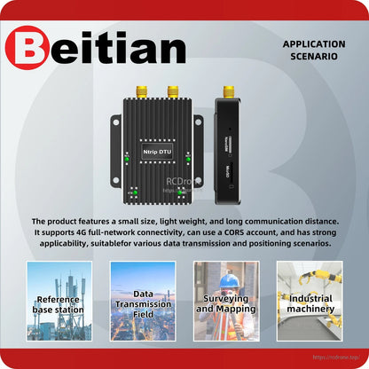 Application scenario graphic for BG-710 Ntrip DTU module showing surveying, base station, and industry use