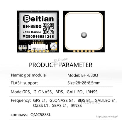 Beitian BH-880Q GNSS module with 28x28mm patch antenna, 6-pin connector and QMC5883L compass