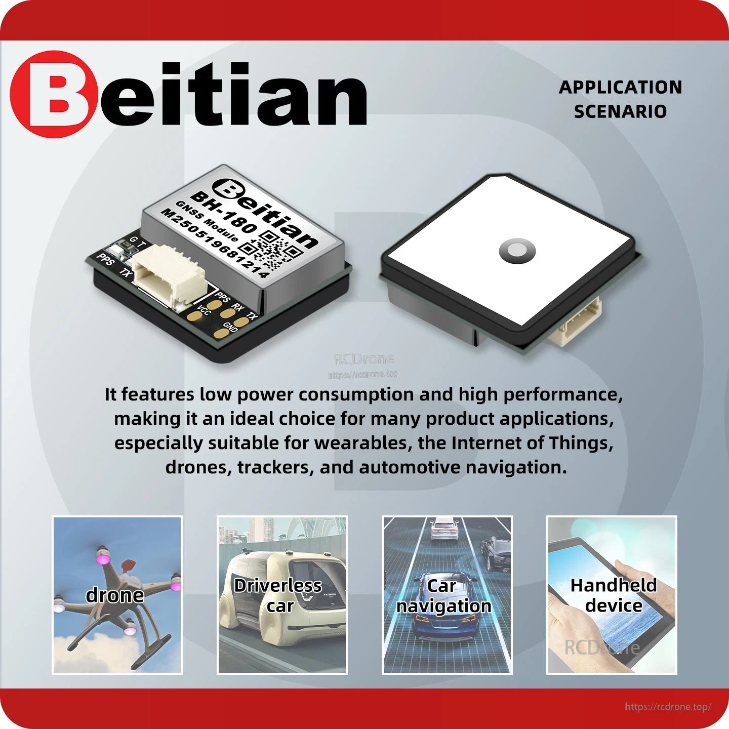 BH-182Q GNSS module application scenario graphic showing drone, driverless car, car navigation, handheld device icons