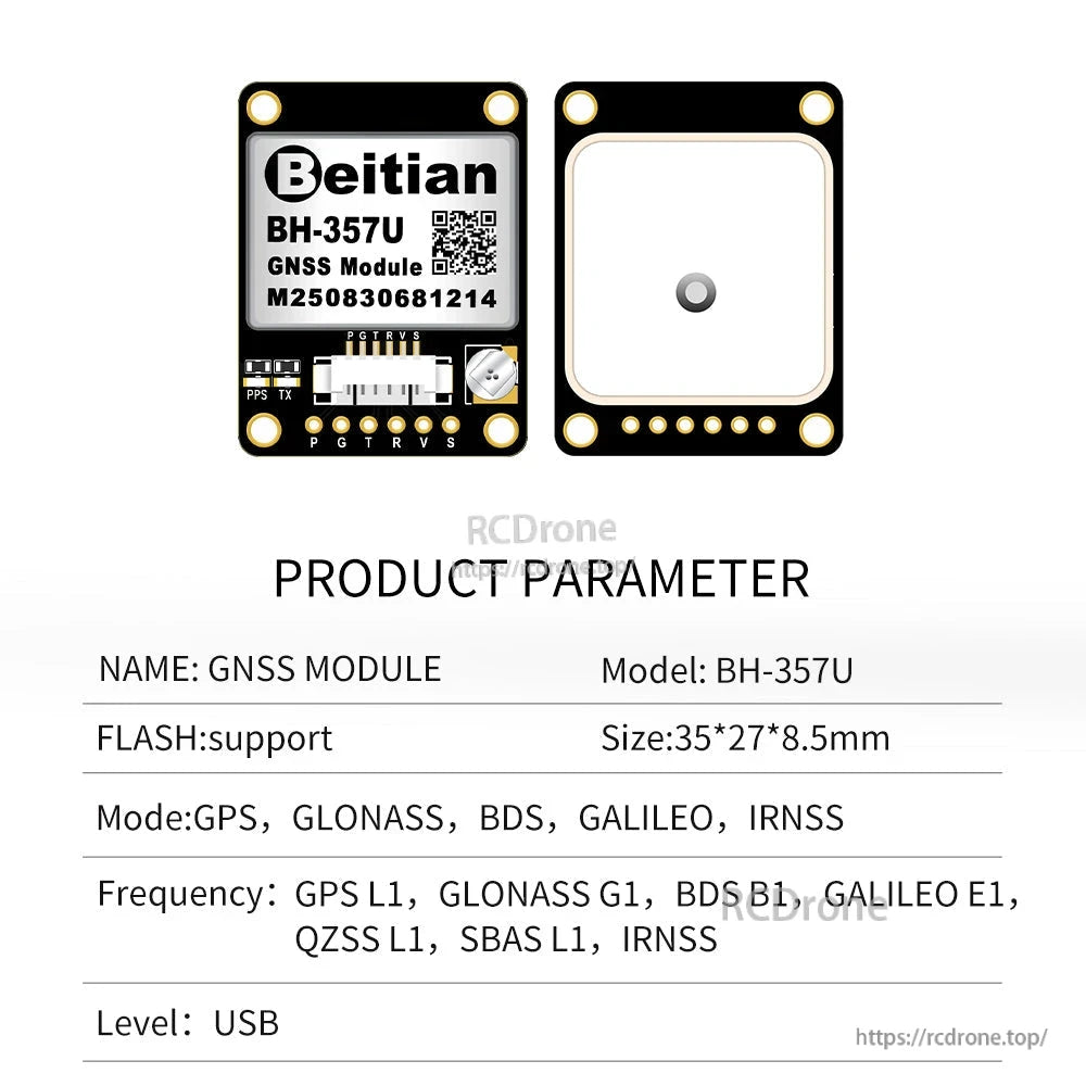 BH-357U GNSS module front and back views with product parameter table and USB level line
