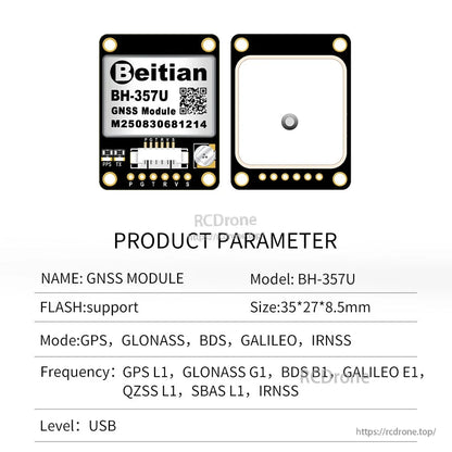 BH-357U GNSS module front and back views with product parameter table and USB level line