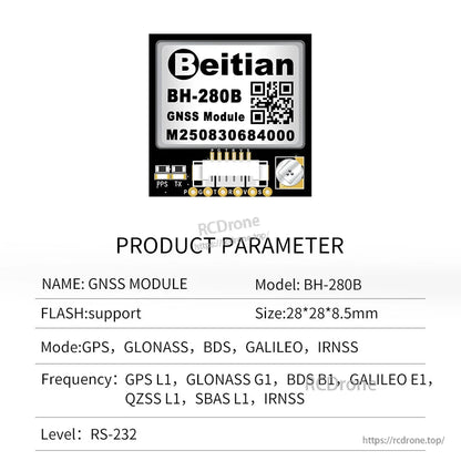 BH-280B GNSS module product parameter table showing RS-232 level line