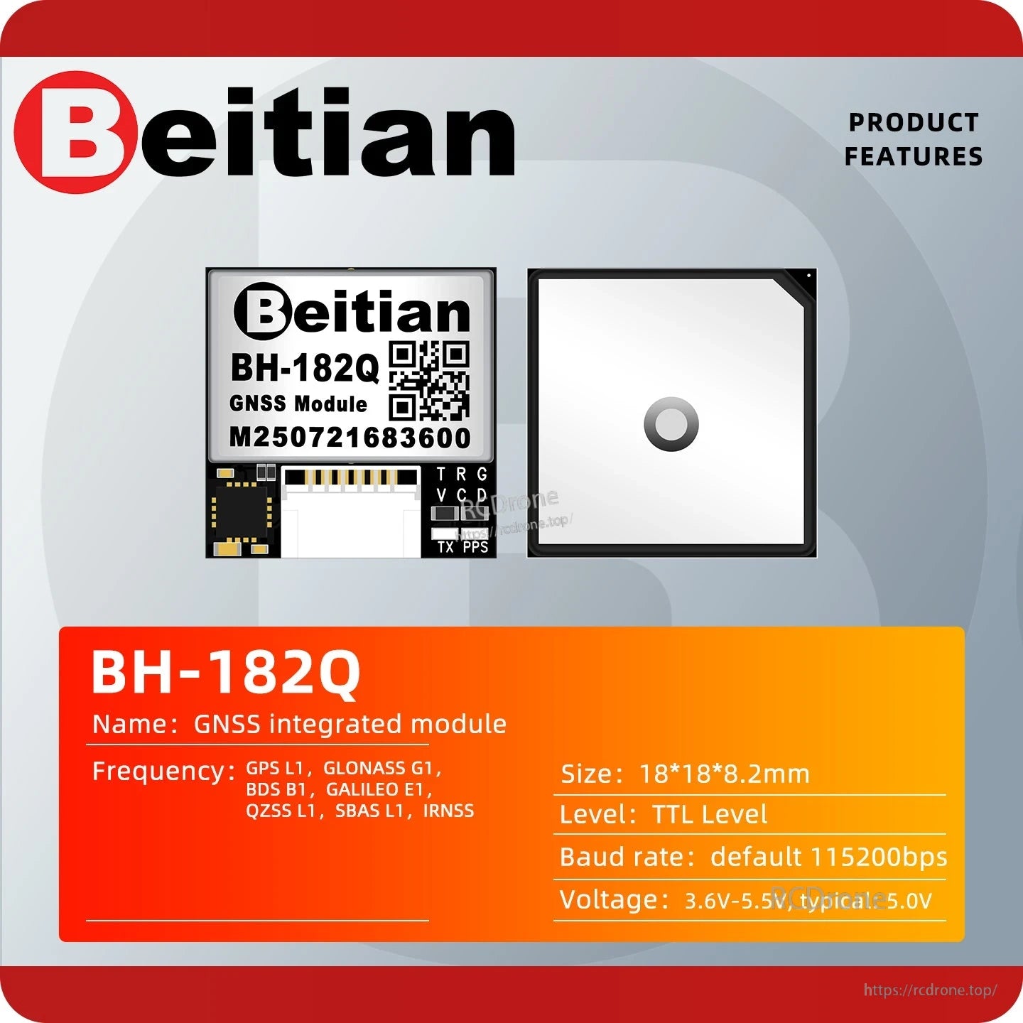 BH-182Q GNSS module product features card showing ceramic antenna side and key specs panel