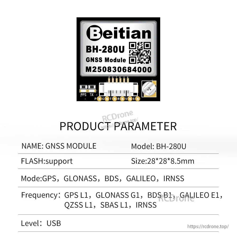 BH-280U GNSS module product parameter table showing USB level line