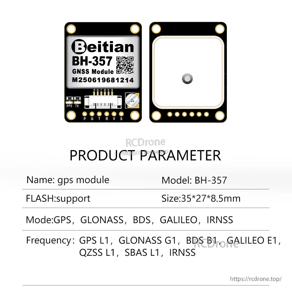 BH-357 GNSS module front and back views with product parameter table below