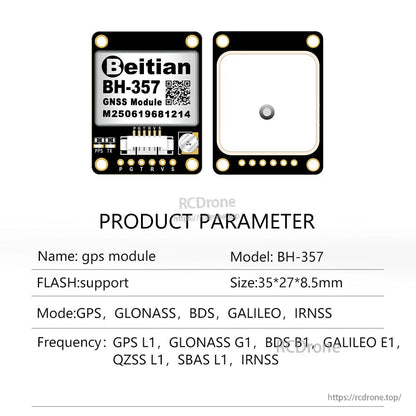 BH-357 GNSS module front and back views with product parameter table below