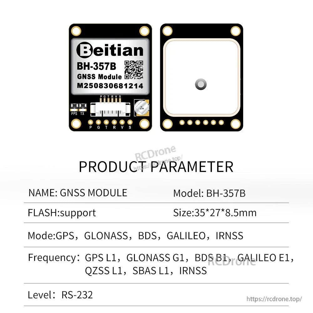 BH-357B GNSS module front and back views with product parameter table and RS-232 level line