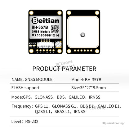 BH-357B GNSS module front and back views with product parameter table and RS-232 level line