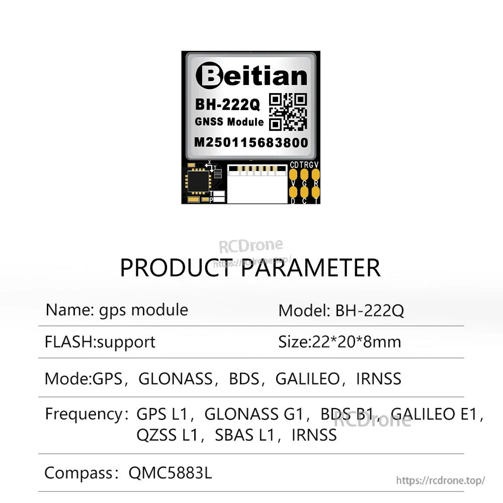 BH-222Q GNSS module product parameter chart listing size and compass QMC5883L