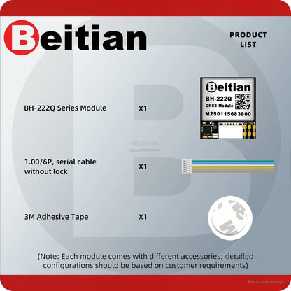 Package contents list for BH-222Q series: GNSS module, 1.0mm 6-pin serial cable, and 3M adhesive tape