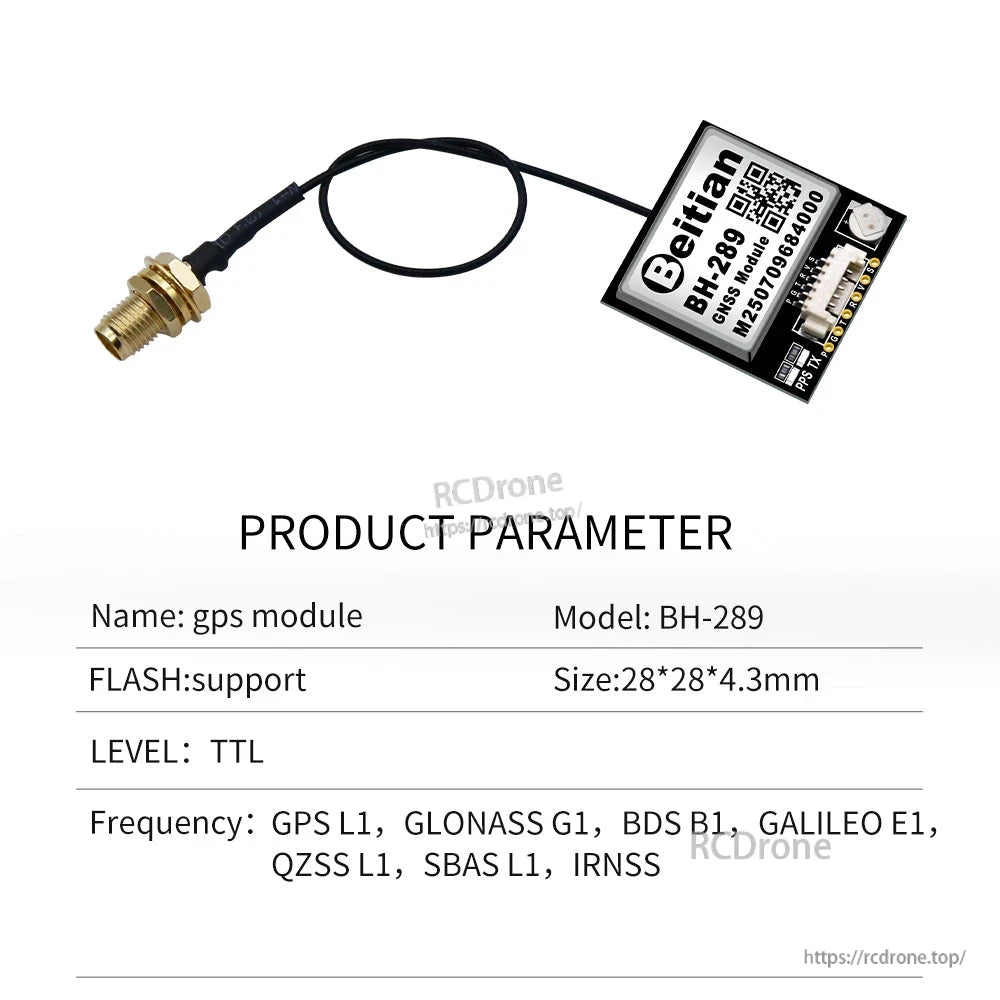 BH-289 GPS module parameter chart showing board connected to a coax antenna lead and connector