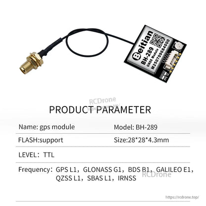 BH-289 GPS module parameter chart showing board connected to a coax antenna lead and connector
